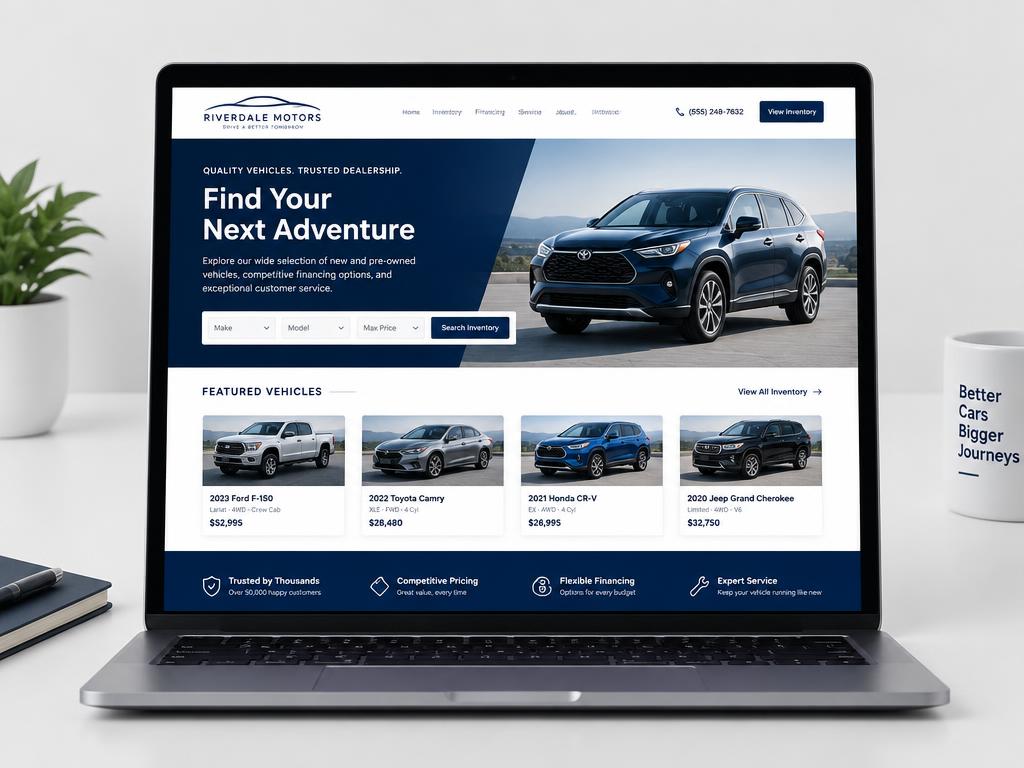 Website design concept for an auto dealership shown on a laptop