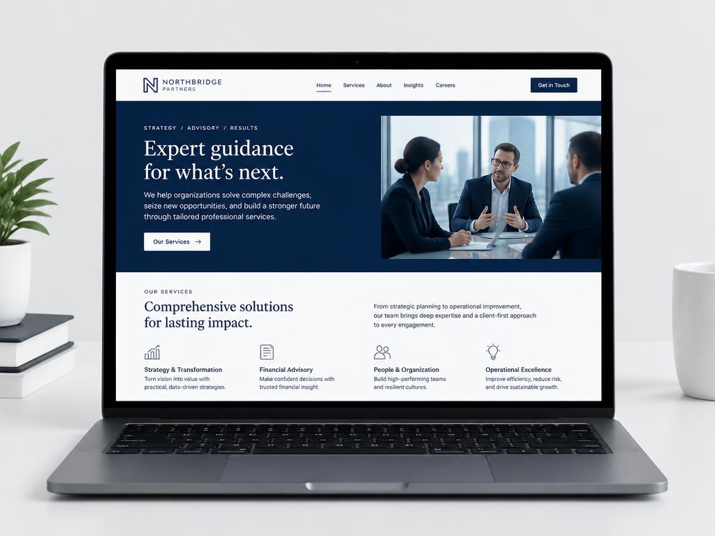 Website design concept for a professional services firm shown on a laptop