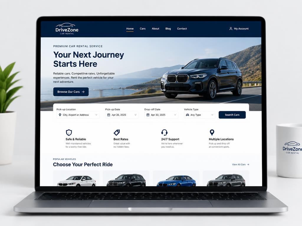 Website design concept for a car rental company shown on a laptop